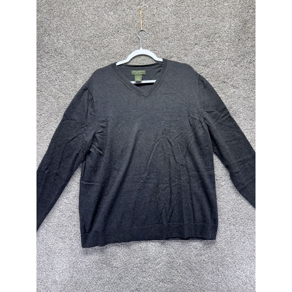 Eddie Bauer Sweater Mens Large Tall Gray Cotton Cashmere Knit V-Neck Lightweight